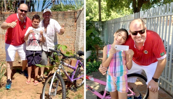 Gustavo de Souza Soares, aluno da Escola Eurico Leite de Moraes, e Thalita de Souza Martins, estudante da Escola Municipal Navarro de Andrade, receberam bicicletas, entregues pelo presidente da Comissão do Meio Ambiente, Dr. Paulo Peres (Fotos: Assessoria de Imprensa).