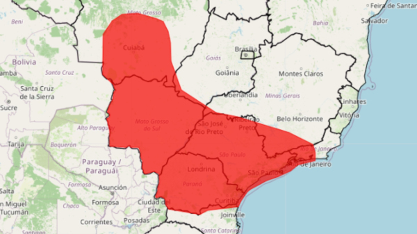 Faixa afetada pela onda de calor, segundo o INMET (Fonte: INMET).
