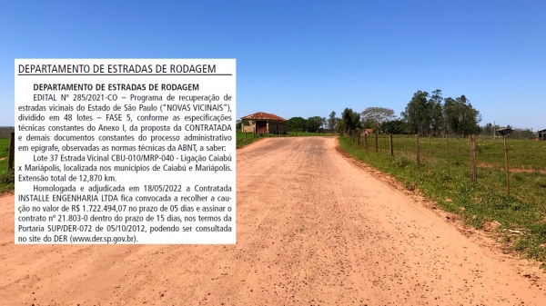 Após licitação  pública DER define empresa que irá pavimentar o trecho de 12,8 km da estrada Mariápolis - Iubatinga (Siga Mais).