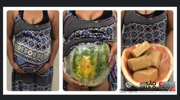 Mulher usava melancia para simular barriga de gestante, onde levava drogas (Divulgação/PM).