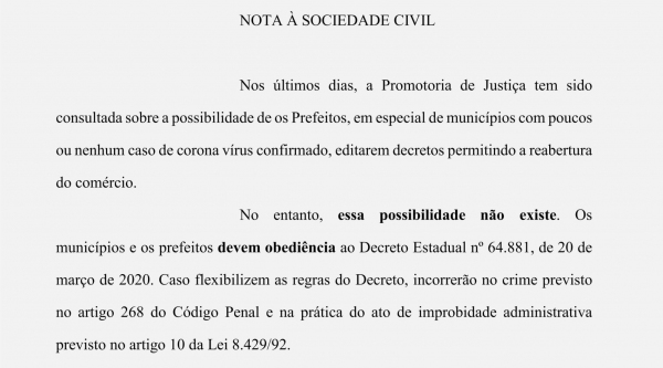 Nota adverte sobre medidas que podem ser tomadas caso haja decisões contrárias ao decreto estadual de quarentena (Reprodução).