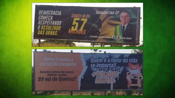 Outdoors de apoio e com crÃtica a Bolsonaro são vistos em Adamantina (Reprodução).