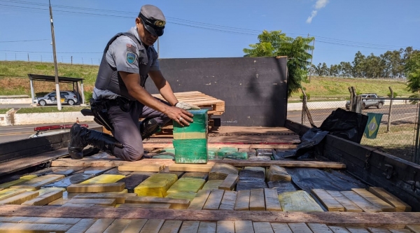 Grande quantidade de maconha era levada na carroceria de caminhão. Carregamento foi descoberto pela equipe TOR da PolÃcia Militar Rodoviária (Foto: Cedida/PM Rodoviária).