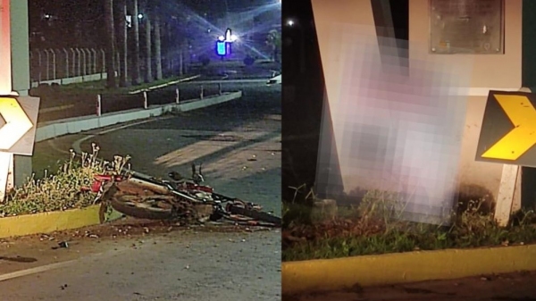 Por motivos a apurar, houve a colisão da moto no portal. Corpo da vítima ficou retido na estrutura (Reprodução: Guia Online Parapuã).