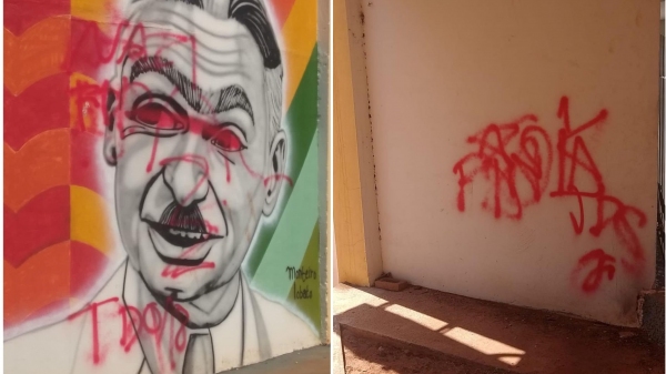 Pichação no grafite e na parede do imóvel da Biblioteca Municipal (Divulgação/PMA).