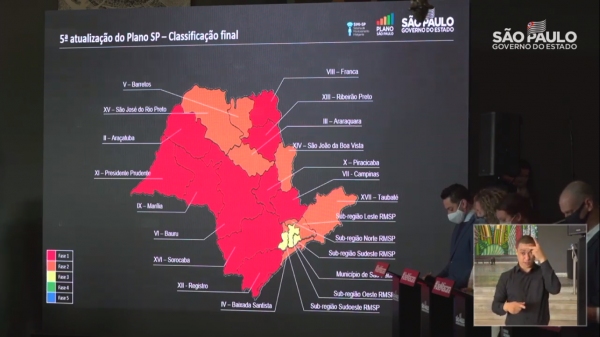 Nova configuração do mapa regionalizado pelo Plano São Paulo, anunciada no começo da tarde (Reprodução).