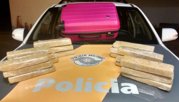 Somados, os 18 tabletes de maconha pesaram quase 15 quilos, e estavam na bagagem da passageira (Foto: Cedida/PolÃcia Rodoviária).