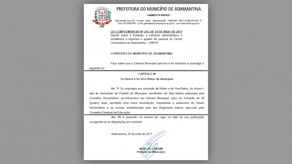 Lei Municipal de 2017, de autoria do prefeito Márcio Cardim, prevê referendo da Câmara Municipal para as indicações de reitor e vice-reitor (Reprodução).