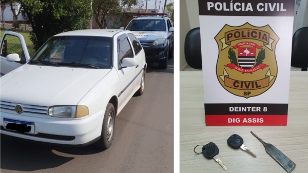 O carro localizado e apreendido pela Polícia Civil, como também as chaves encontradas no interior do veículo, entre elas uma chave falsa (Divulgação/Polícia Civil).