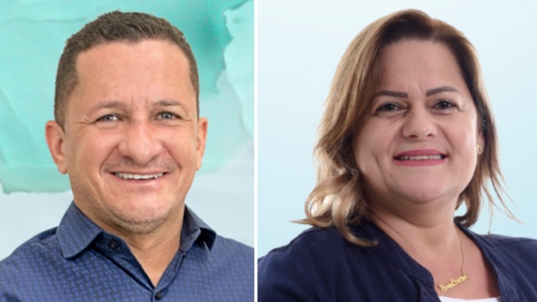 Os dois candidatos a prefeito de Salmourão, Marquinhos (PV) e Sonia Gabau (PSDB), disputam o voto do eleitor neste domingo em eleição suplementar realizada pela Justiça Eleitoral (Divulgação).