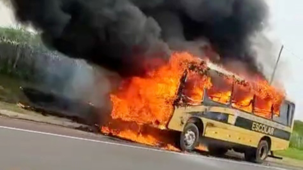 Onibus foi consumido pelas chamas (Reproducao).
