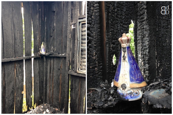 Incêndio destruiu casa de madeira, mas imagem religiosa ficou intacta (Foto: Reprodução/Blog do Diego).