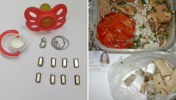 Chupeta com componentes eletrônicos e carne, em marmita, com maconha (Fotos: Cedidas/SAP).