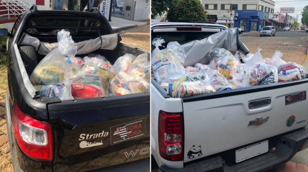 Parte dos alimentos arrecadados, já organizados em cestas básicas, entregues pelo comércio neste sábado (27) a famÃlias de Adamantina (Divulgação).
