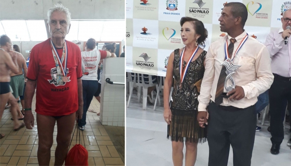 Professor Paulista é destaque na Natação, e o casal Hélio e Ione na Dança, durante a fase final do JORI (Jogos Regionais do Idoso), realizada em Praia Grande (Foto: Reprodução).