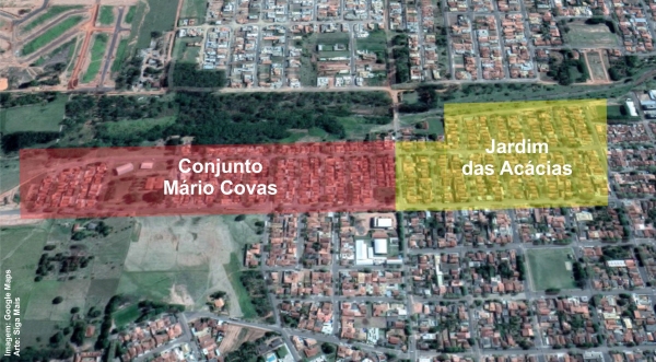 Conjunto Habitacional Mário Covas e Jardim das Acácias, região crítica para casos de leishmaniose em Adamantina (Imagem: Google Maps. Arte: Siga Mais).