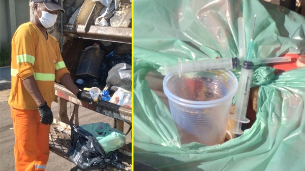 Marcos Arantes, funcionário da coleta pública, quase se feriu ao encontrar agulhas e seringas no lixo doméstico (Foto: Clodoaldo Batista).