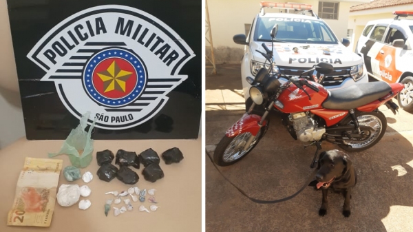 Drogas, dinheiro e moto apreendidas, e a cadela Emy, do Canil da Polícia Militar (Divulgação/PM).