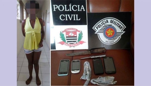 Celulares foram recuperados e faca usado nos roubos, pelo travesti, foi apreendida pela Polícia (Foto: Cedida).