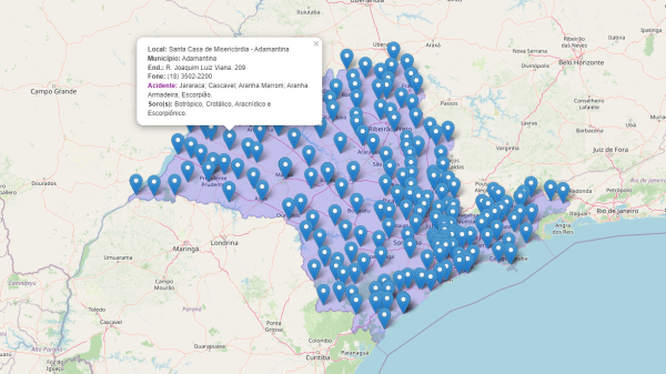 Tela inicial do mapa interativo com 220 220 pontos estrat?gicos no estado onde h? soro antiveneno (Reprodu??o).