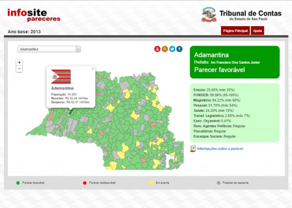 A última atualização, com ano-base 2013, mostra parecer favorável às contas municipais de Adamantina, e descreve a situação do município em diversos aspectos (Imagem:Reproduação).