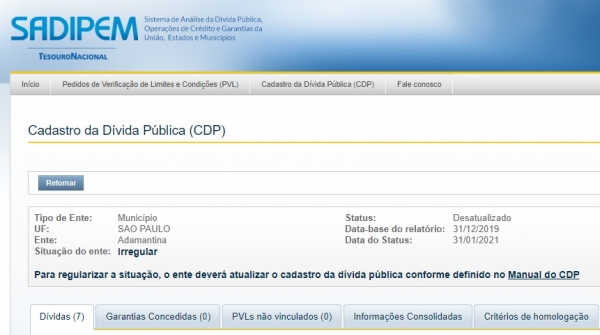 Site do Sistema de Análise da DÃvida Pública, Operações de Crédito e Garantias da União, Estados e MunicÃpios (Sadipem), do Tesouro Nacional, informa situação irregular para Adamantina, o que ocorre também com mais de 4 mil municÃpios brasileiros (Reprodução/ Sadipem/Tesouro Nacional).