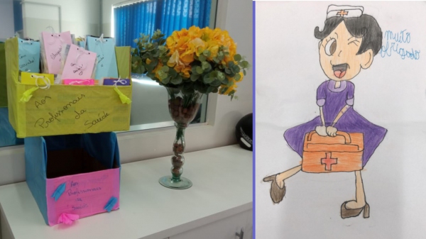 Conjunto de kits com as homenagens entregue pelas Testemunhas de Jeová aos profissionais da saúde do CIS ? Centro Integrado de Saúde, em Adamantina. Em cada kit há uma carta escrita à mão, guloseima e um desenho pintado individualmente por crianças (Foto: Cedida).