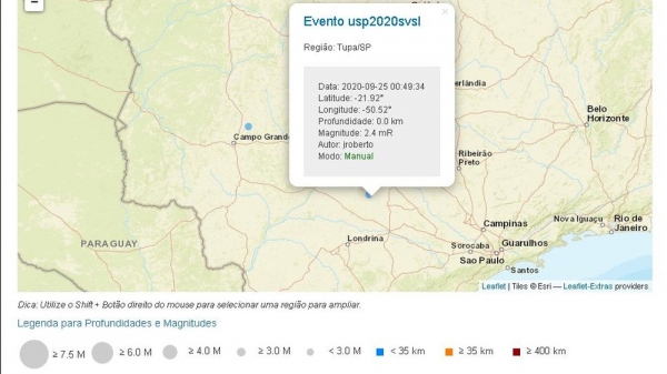 Tremor em Tupã foi registrado pelo Centro de Sismologia da USP (Imagem: Centro de Sismologia da USP/ Reprodução).