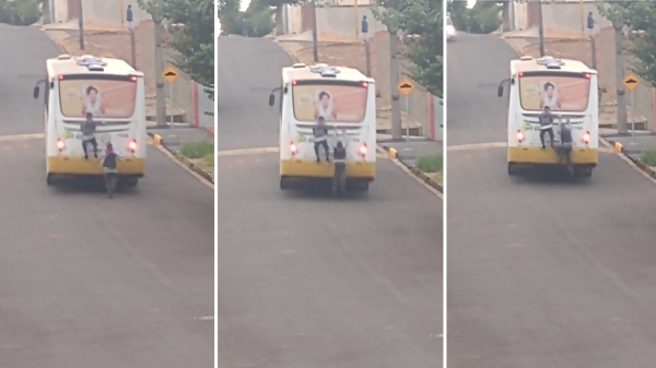 Sequencia mostra jovens pegando rabeira em ônibus (Cedida).