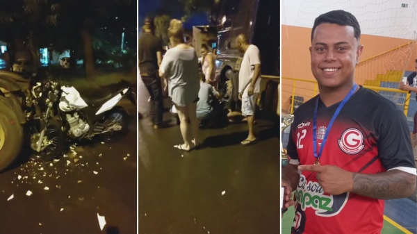 Matheus Garcia da Costa Souza, de 19 anos, ficou gravemente ferido em acidente com moto. VeÃculo que pilotava colidiu na traseira de caminhão (Reprodução).