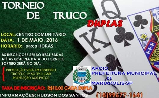 Dia do Trabalho haverá torneio de truco em Mariápolis