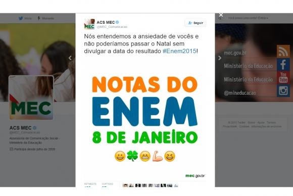 Notas do Enem serão divulgadas no dia 8 de janeiro, informa MEC