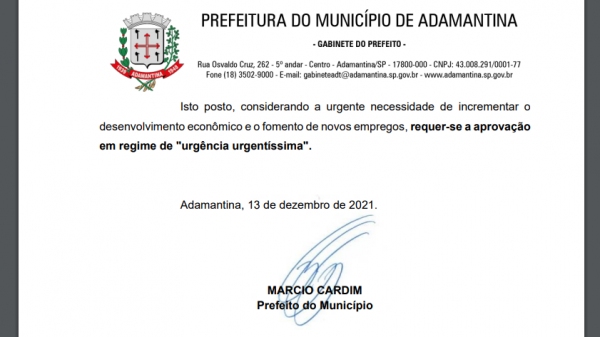 Texto que encerra a Mensagem Oficial que acompanha o PLC que cria a nova secretaria (Reprodução).