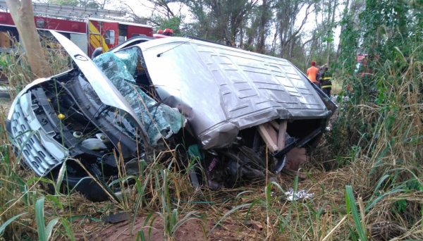 Van ficou parcialmente tombada após a colisão e invadir área de vegetação (Fotos: Cedidas/PM Rodoviária).