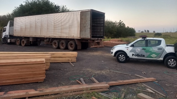 Polícia Militar Ambiental foi acionada a partir de denúncia anônima e constatou infrações ambientais, aplicando multas e apreendendo veículos e carga (Cedida/PM Ambiental).