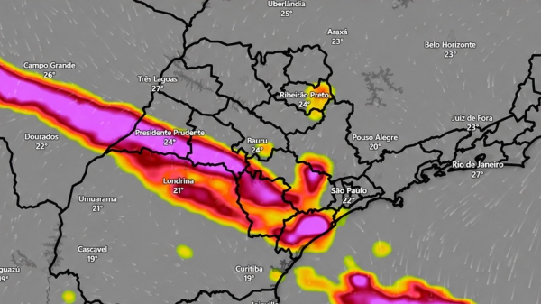 Mapa com projecao da area impactada conforme alerta (Divulgacao/Defesa Civil SP).