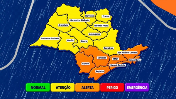 Regiao de Presidente Prudente pode registrar entre 50 mm e 70 mm de chuva entre esta segunda-feira, 21, e quarta-feira, 23 (Divulgacao/Defesa Civil SP).