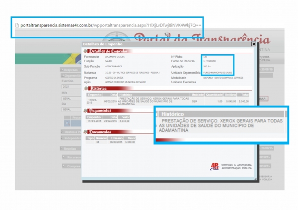 Informações no Portal da Transparência revelam despesa com serviço de xerox, no valor de R$ 5.040,00 (Foto: Reprodução)